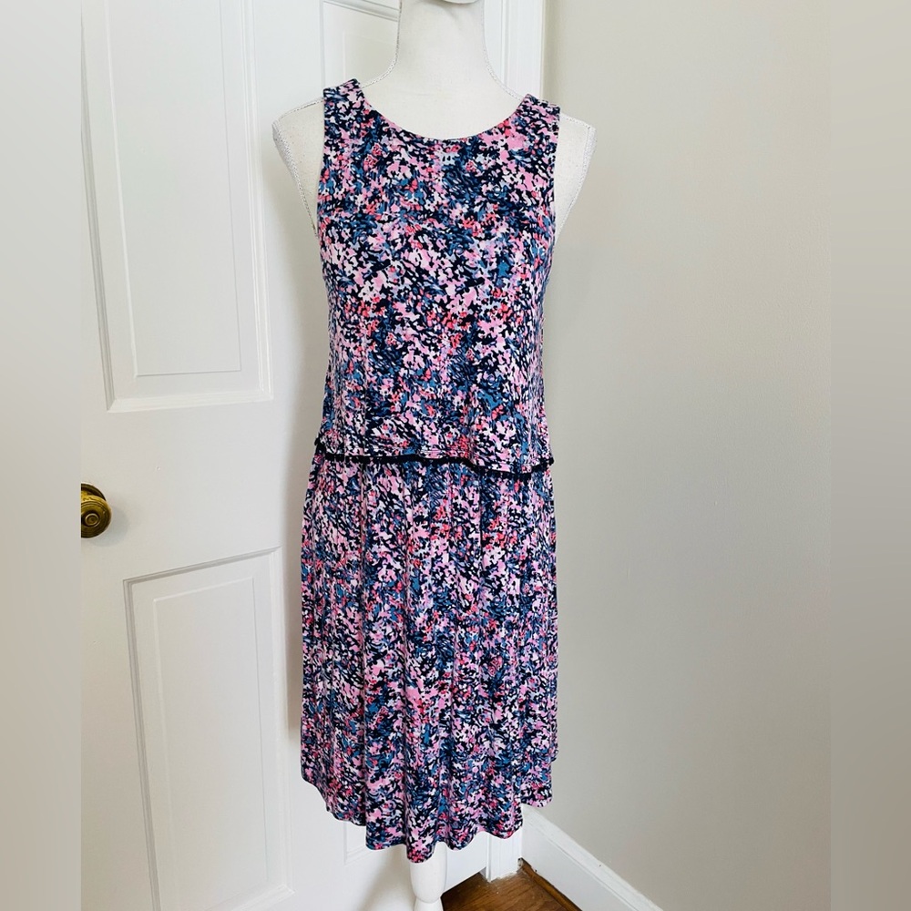 Motherhood Maternity Abstract Floral Midi Dress in Pink and Navy